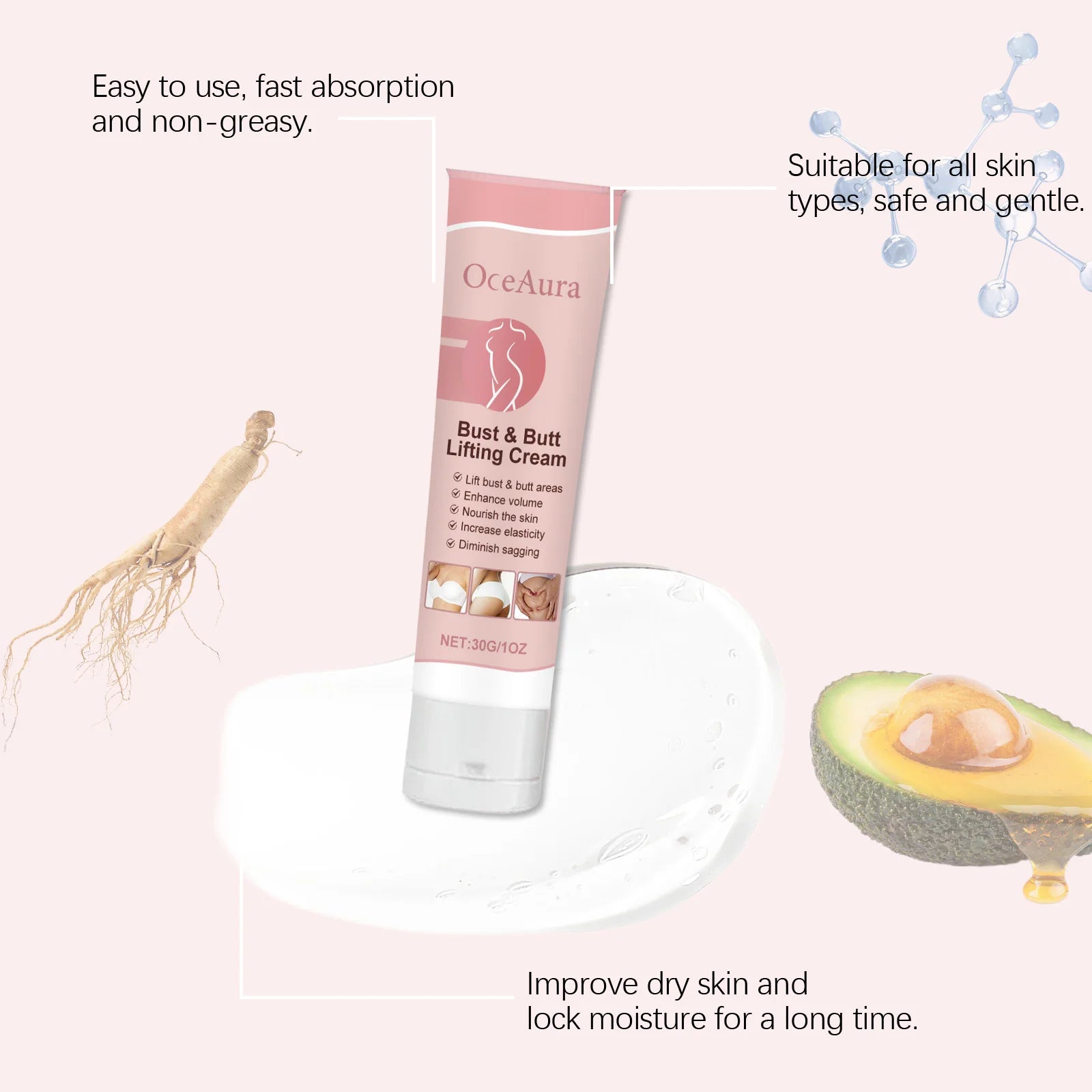 OceAura Hip & Breast Firming Cream - Deep Moisturizing Body Care for Chest & Hip Skin, Nourishing Smooth Formula to Tighten