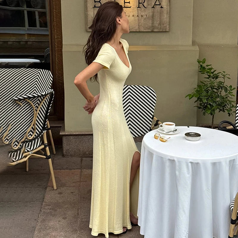 TARUXY Spring Summer Short-Sleeved Knitted Dress Women Solid V-Neck Slit Long Dress Slim Sexy Commuting Leisure Dress Female New