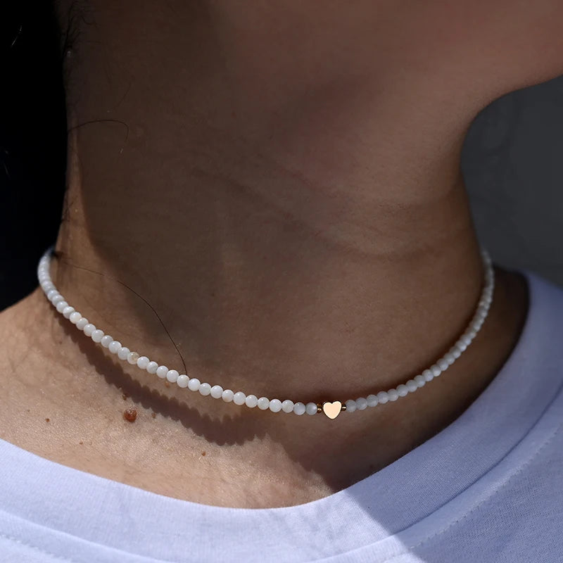 MOON GIRL Natural Shell Beads Heart Choker Fashion Stainless Steel Necklace for Women Copper Star Collares Para Mujer