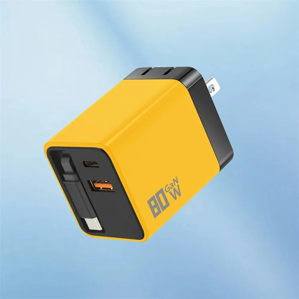 80W GaN USB Type C Charger Fast Charging With Built-in PD Cable USB C Quick Charger EU/US/UK Plug For iPhone 17 16 Xiaomi Huawei