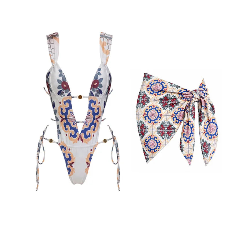 Push Up 2026 New Retro Prints 3 Pieces Bikinis Sets With Mesh Pants Beachwear Sexy Women's Swimsuit Cover-ups Strappy Beach Wear