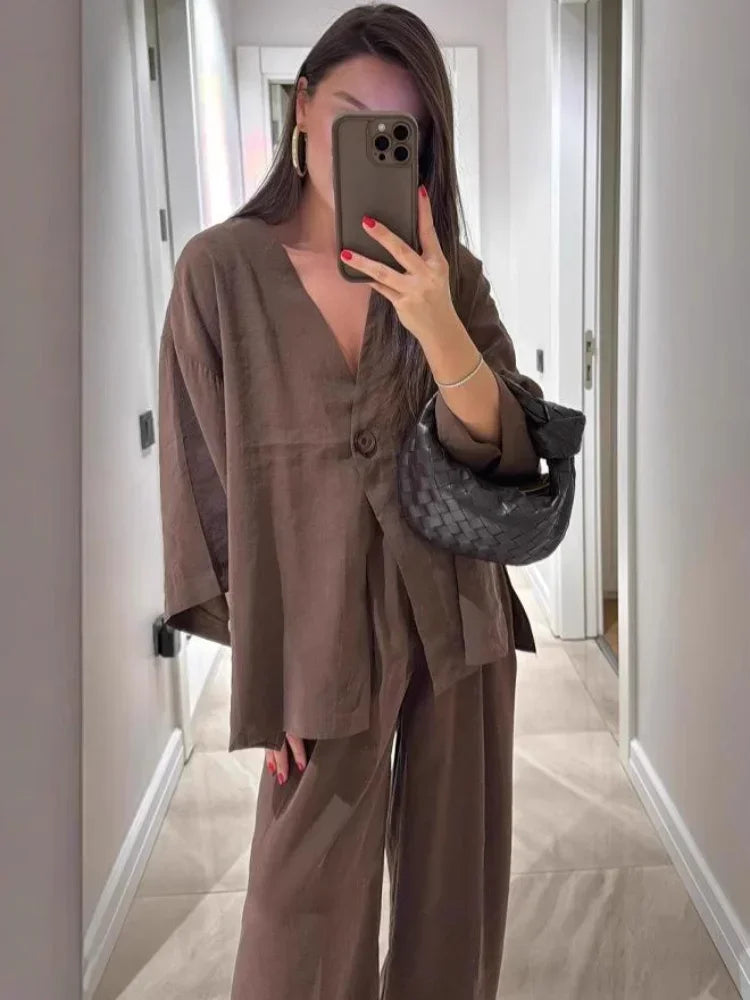 Cozy Cotton Linen Women's 2 Piece Set Casual V Neck Single Button Shirt Wide Leg Pants Suit Lady Summer Commute Streetwear 2025