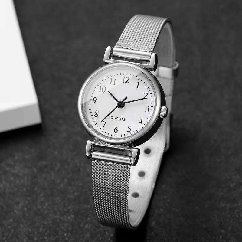 5PCS Fashion Arabic Dial Women Quartz Watch Rhinestone Jewelry Set Silvery Mesh Band Wristwatches Reloj Mujer（Without Box）