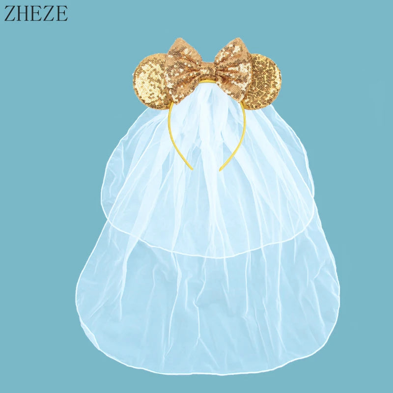 White Day Mouse Ears Headband With Veil Sequins 5"Bow Headwear For Women Festival Hairband Single Party DIY Hair Accessories
