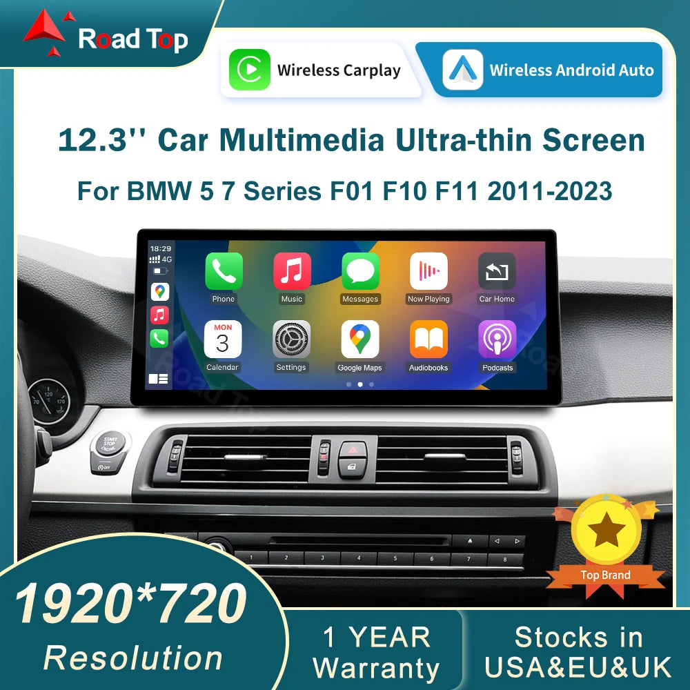 RoadTop Wireless CarPlay Touch Screen For BMW Series 5 F01 F10 F11 G30 2011-2023 CIC NBT EVO Multimedia Radio Linux System