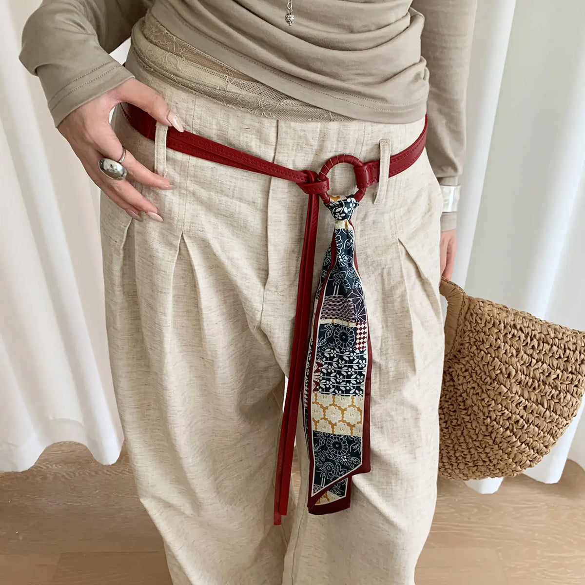 Women's Silk Scarf Belt Accessories, Ribbon Waist Belts, Hip-Hop Punk Vintage Decorative Belts for Jeans in Red