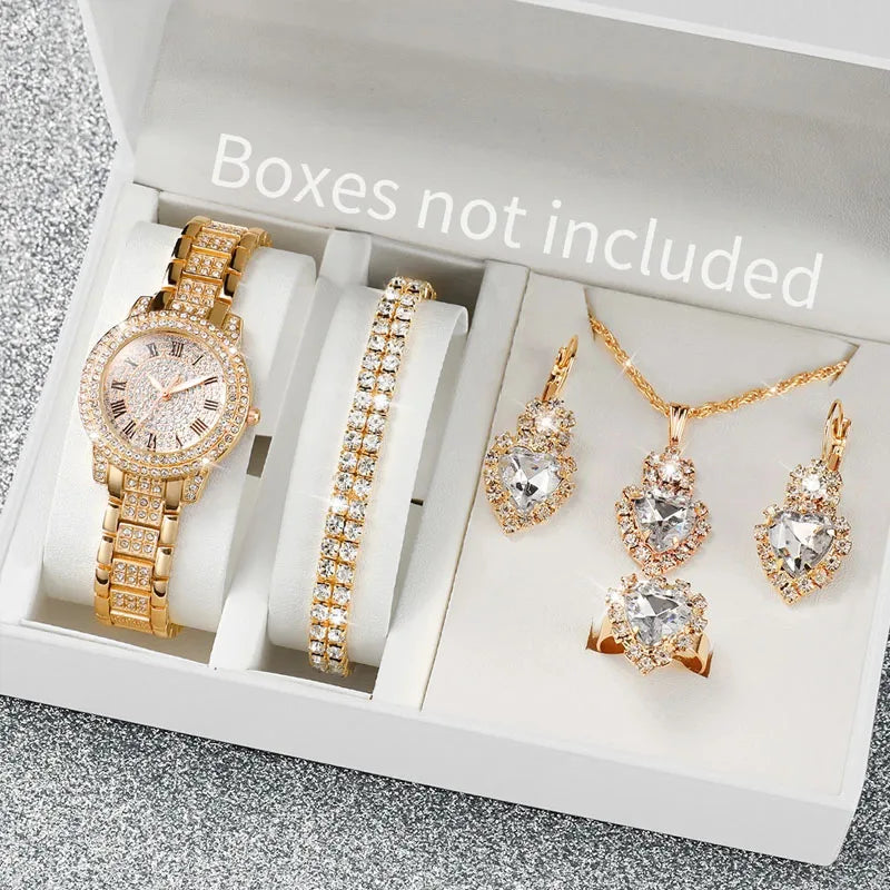 6PCS/Set Fashion Full Diamond Women's Watch Gold Steel Band Quartz Watches Diamond Jewelry Set