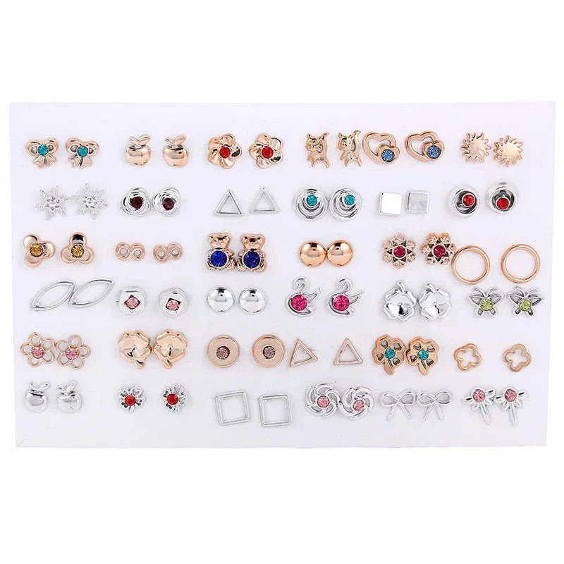36pairs/set Silver Color Flower Stud Earring Set For Women Girl Crystal Bear Animals Earrings Jewelry Gift Mix Styles
