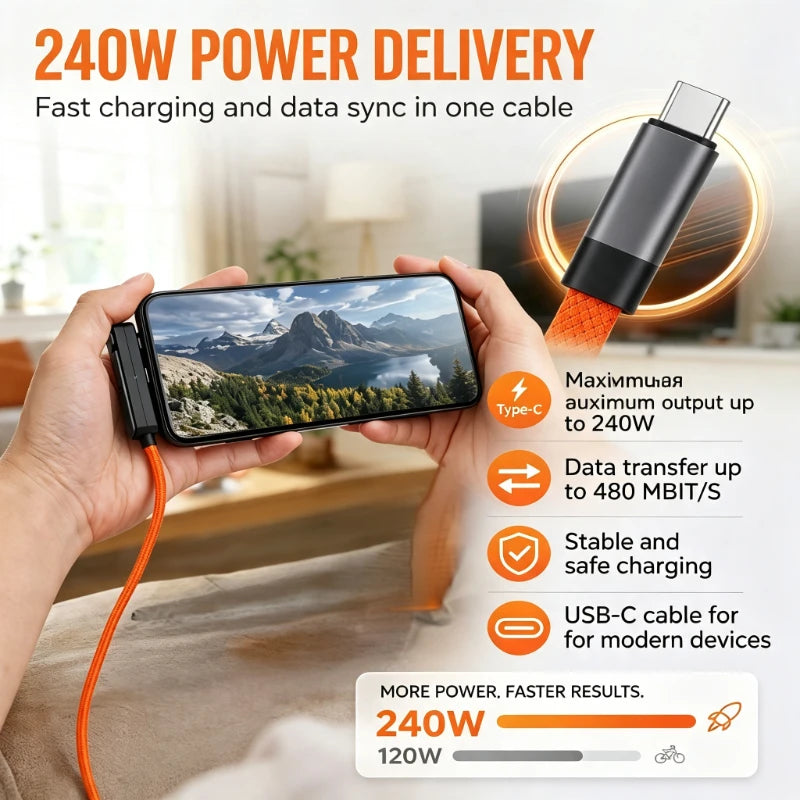 240W 2 in 1 USB C to USB C Fast Charging Foldable Bracket Data Cable Type C Desktop Holder Charging Wire For Iphone17 16 Samsung