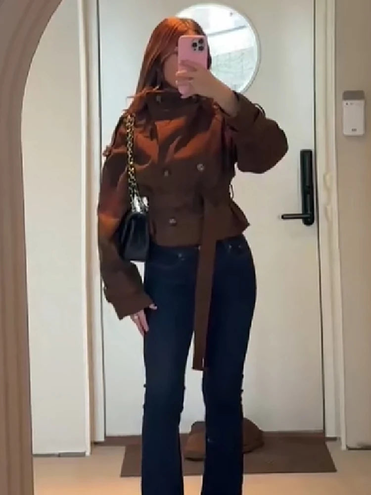 Autumn Winter Ladies Cropped Trench Jacket Faux Suede Double‑breasted Stand Collar Belt Waist Slim Fit Casual Outerwear Coat