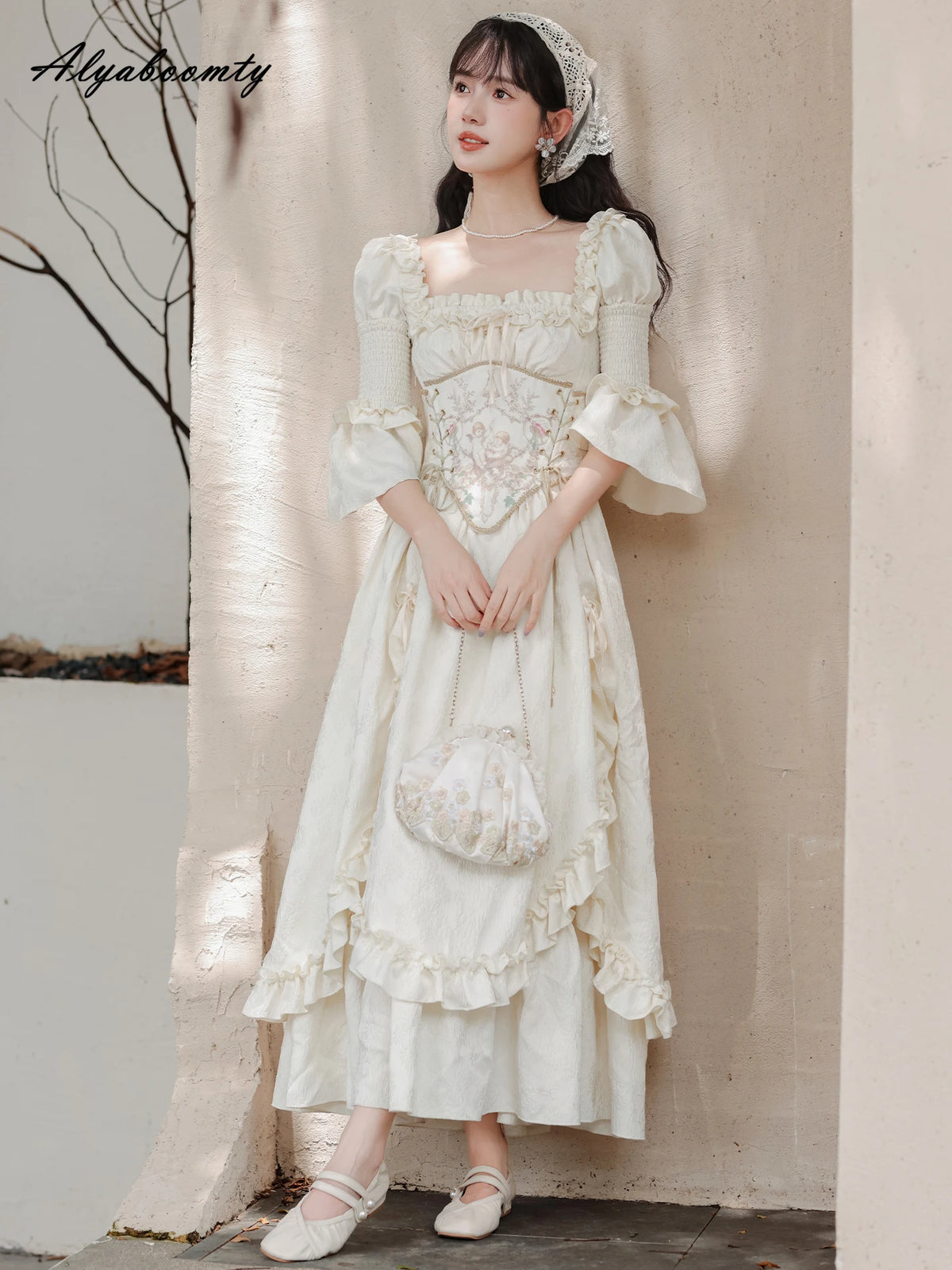 Fairycore Women Princess Party Midi Dress Square Collar Bow Fairy Ruffles Classical Dress Half Sleeve Gorgeous Feminine Dresses