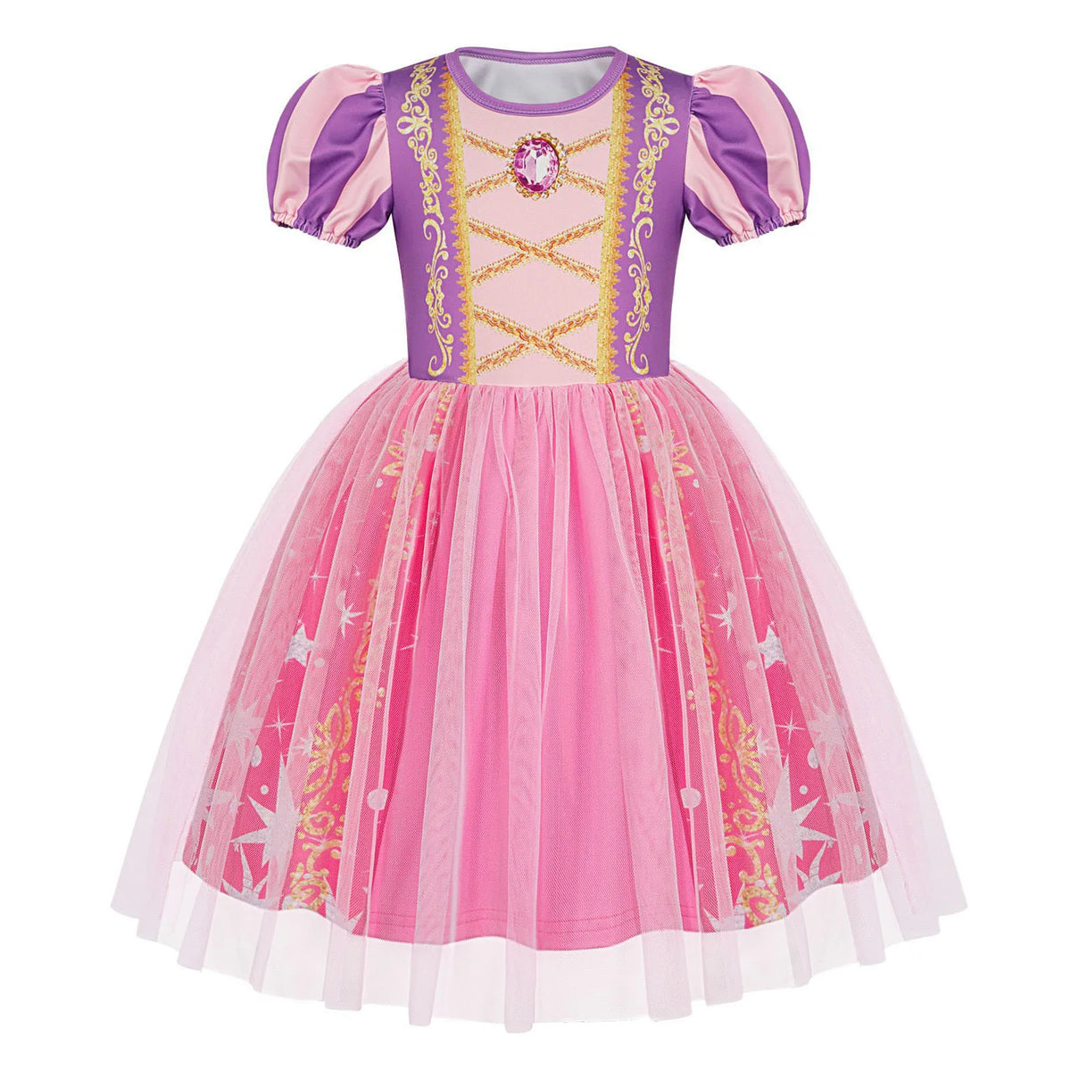 Girls Short Sleeve Fairy Tale Tulle Princess Dress With Printed Pattern Kids Birthday Party Belle Aurora Cosplay Costume 3-10Yrs