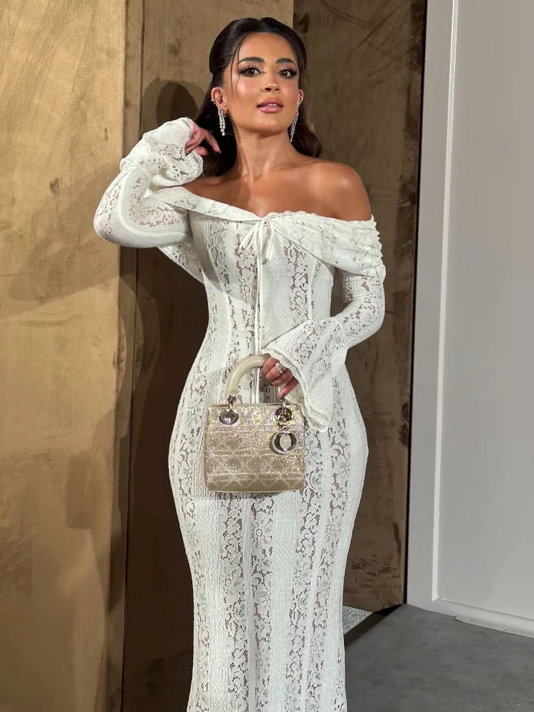 White Lace Flare Off Shoulder Dress Women Elegant Sexy Hollow Out Long Sleeve Slim Dresses 2026 Spring Lady Mermaid Floor Robe