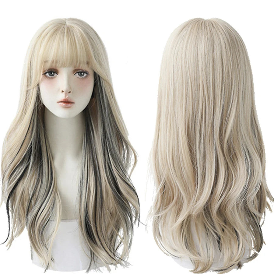 7JHH WIGS Long Wavy Curly Black Blonde Wig for Women Natural Highlight Synthetic Blend Wigs with Bangs Heat Resistant Hair Wig