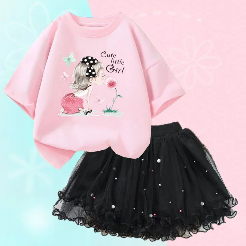 Fashion Summer Girls Outfits Pretty Ballet Dance Girl T-shirt and Tutu Skirt Set for Princess Clothes Suit Children Clothing