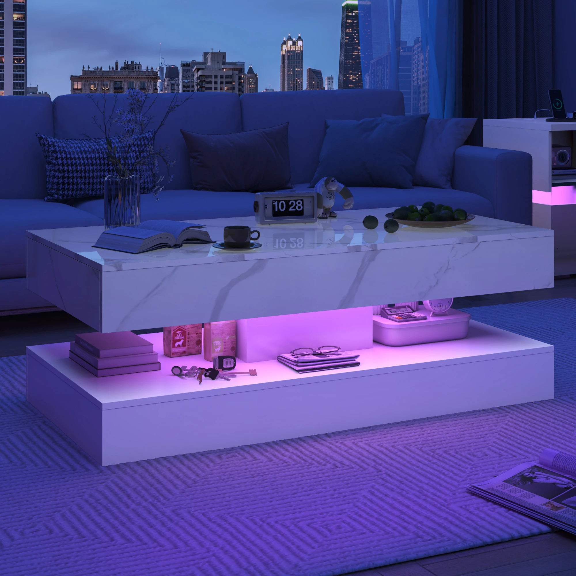 Modern Stylish Coffee Table with LED Lights, Double-Layer Design for Living Room Coffee Table with 2 Storage Drawers