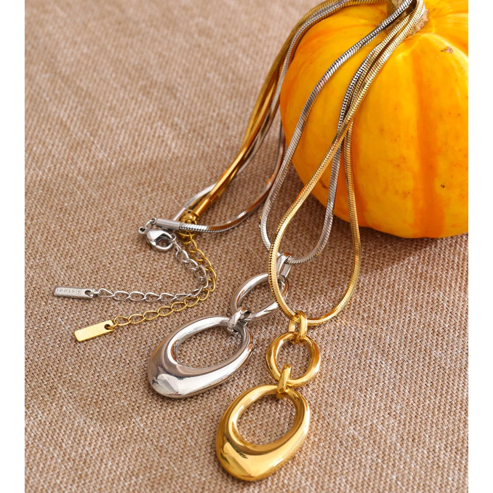 Yhpup 2026 Stainless Steel Oval Pendant Necklace Tarnish Resistant 16K Gold Color PVD Plated Distinctive Collar Jewelry