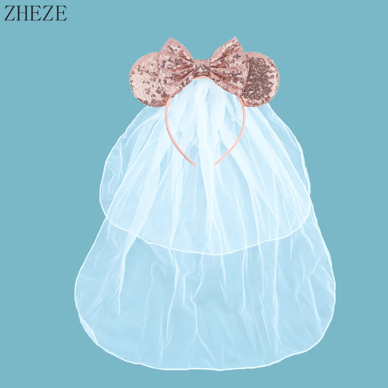 White Day Mouse Ears Headband With Veil Sequins 5"Bow Headwear For Women Festival Hairband Single Party DIY Hair Accessories