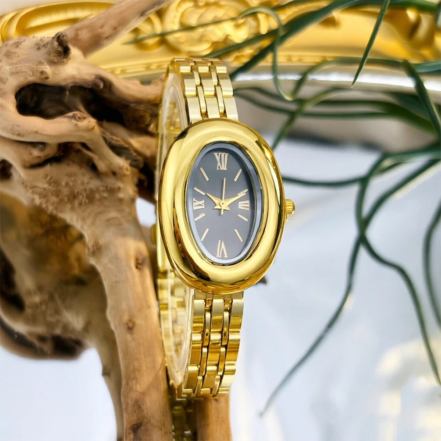 Women Watch Elegant - Vintage Bathtub Oval Dial Steel Strap Timepiece