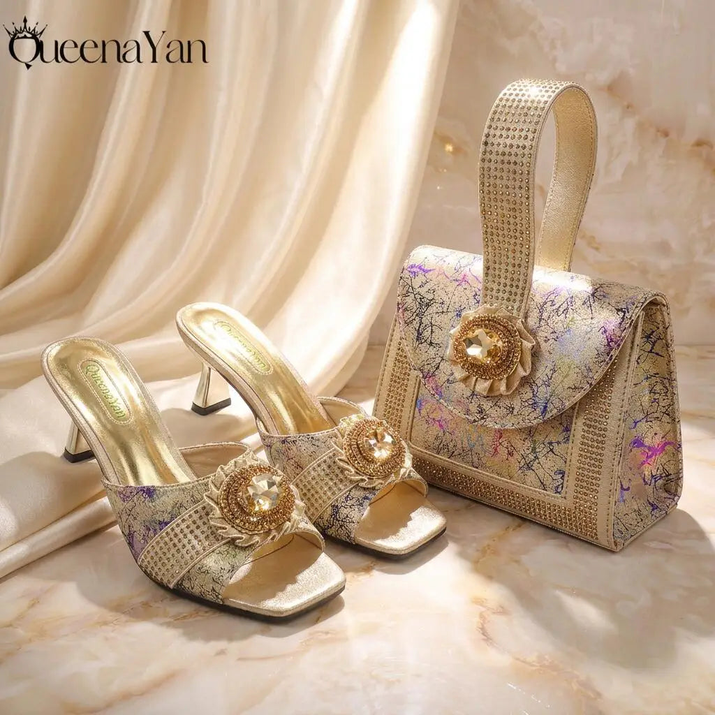 European and American High-End Women's Shoes with Bag  Wide open-toe shoe Nigerian Wedding Shoes and Bag