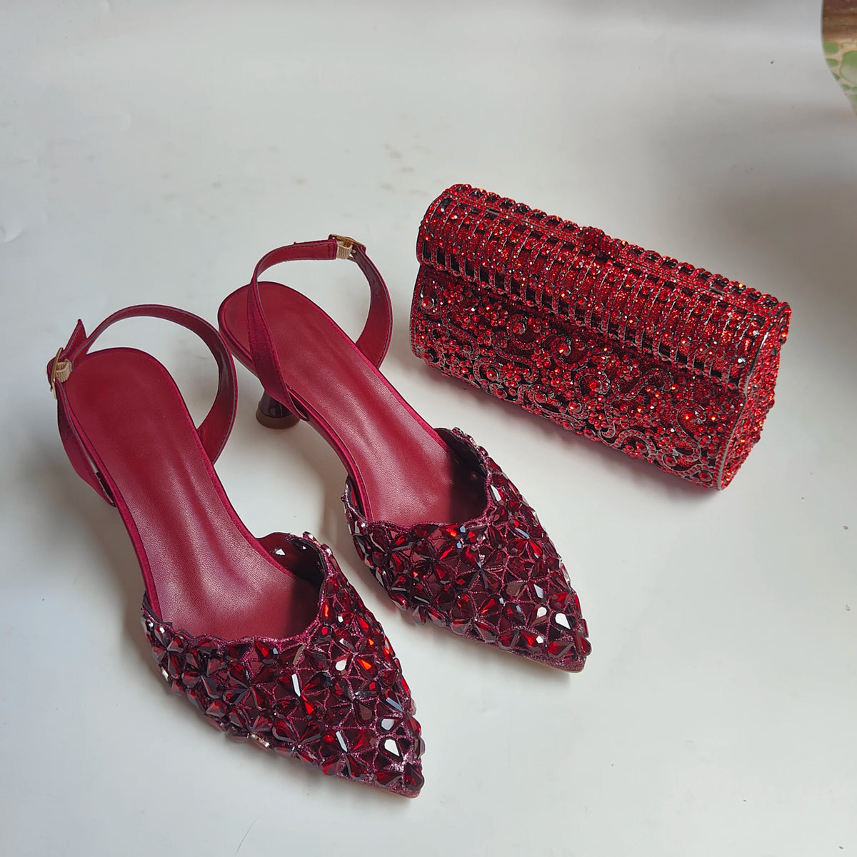 Insightlink Burgundy Rhinestone Slingback Heels Cocktail Glass Clutch Set Crystal Pointed Toe Shoes Bag for Party Wedding