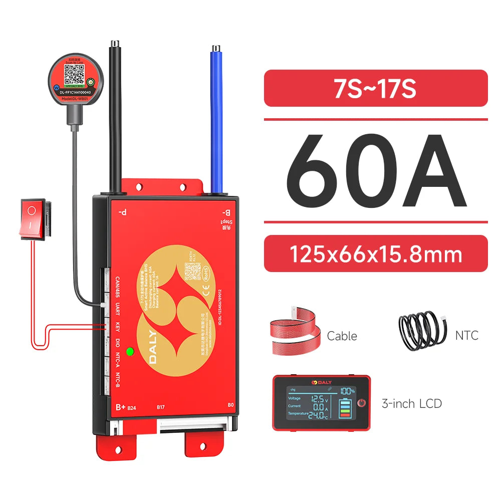 DALY Smart BMS 4S 8S 16S 40A 60A 100A 150A 200A 12V 24V 48V LiFePo4 1A Active Balance BMS with LCD RS485 UART WIFI KEY