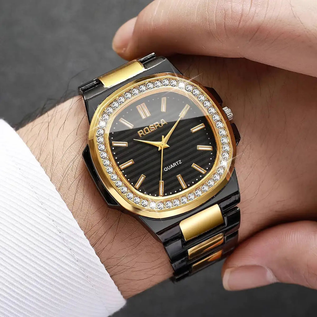 Fashion Square Men Business Watches Luxury Rhinestone Steel Band Male's Quartz Wristwatch Reloj Hombre（Without Box）