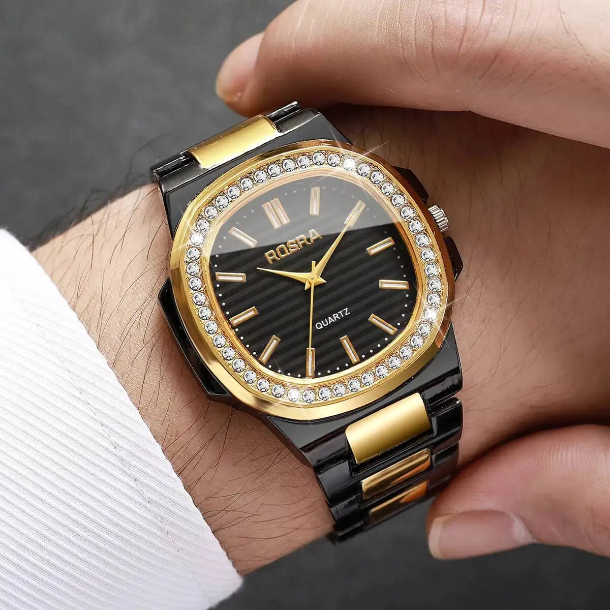 Fashion Square Men Business Watches Luxury Rhinestone Steel Band Male's Quartz Wristwatch Reloj Hombre（Without Box）