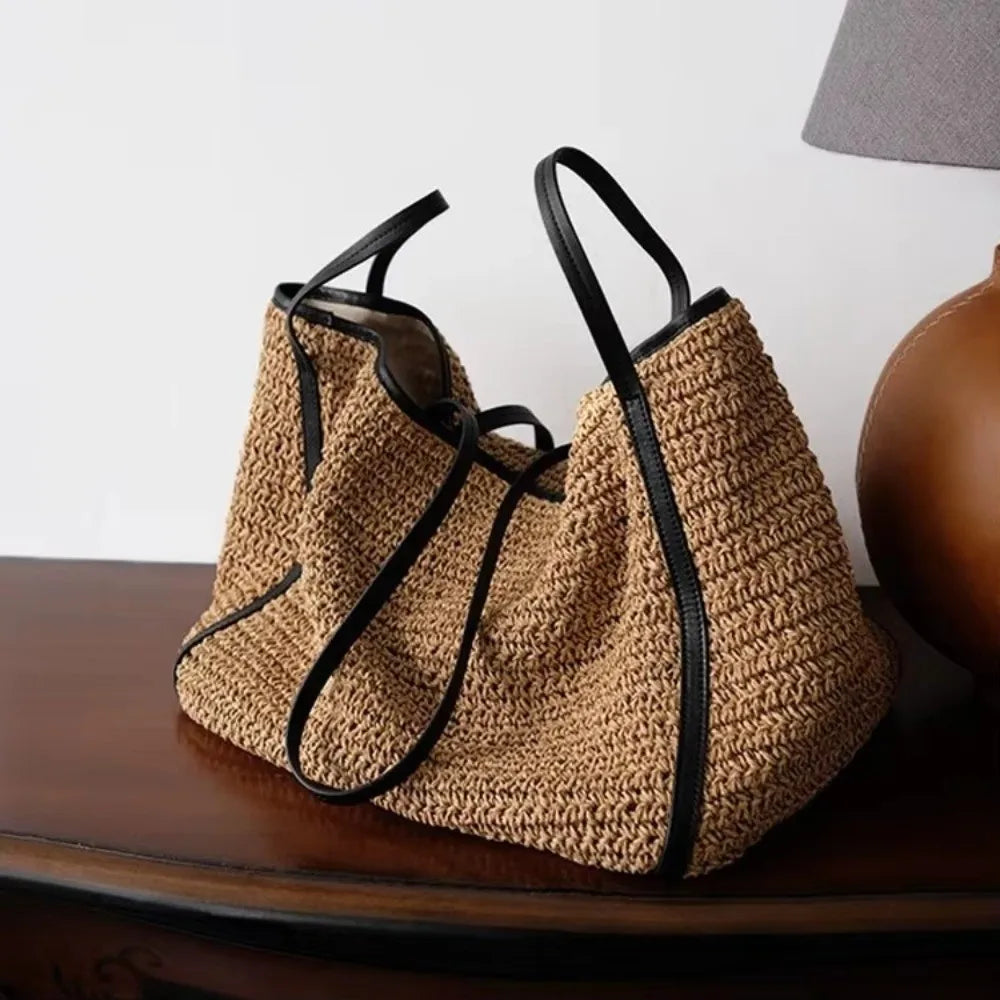 Fashion Vintage Straw Baskets Bag Straw Handmade Woven Beach Bag Korean Style Large Capacity Tote Bag Women Accessory