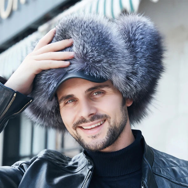 Winter Men's Ushanka Cap Real Silver Fox Fur Hooded Raccoon Fur Trapper Russian Ski Hat Real Leather