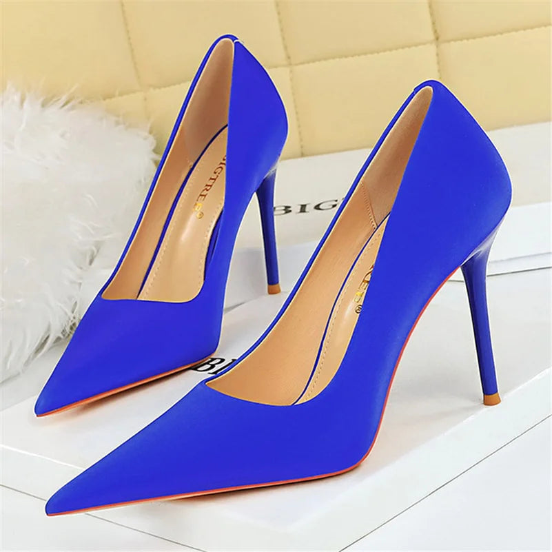 Women 10cm High Heels Satin Silk Dress Stiletto Fashion Pumps Lady Wedding Bridal Escarpin Catwalk Green Purple Peach Prom Shoes