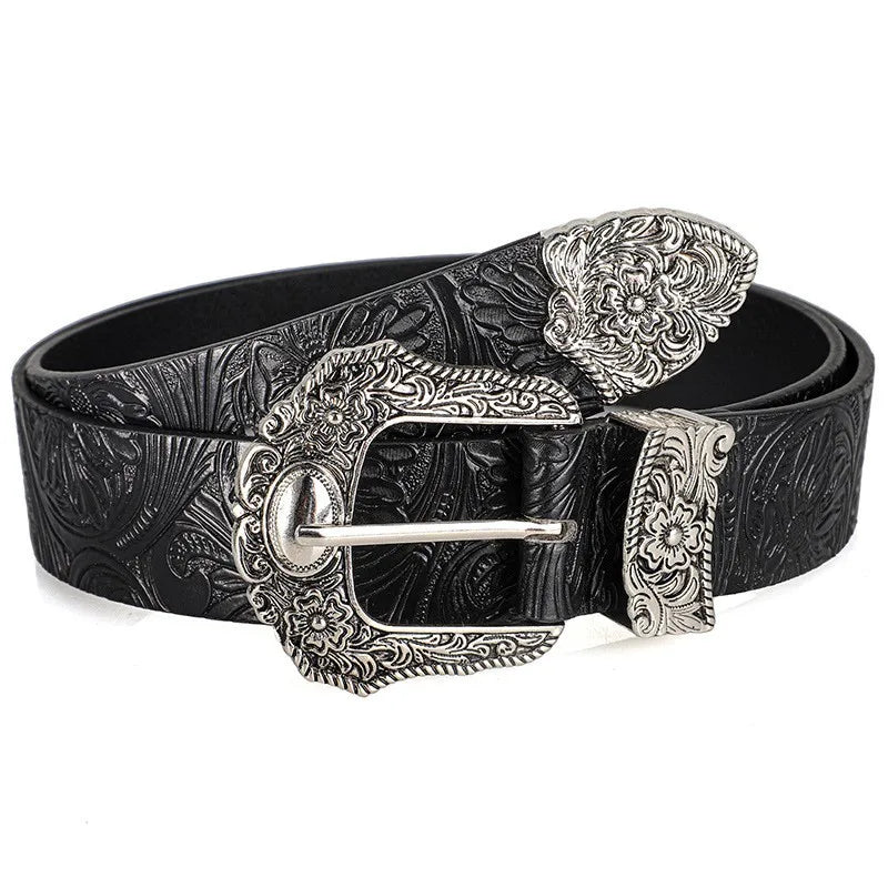 New European and American style women's belt, vintage rhinestone carved buckle belt, trendy printed jeans belt, unisex