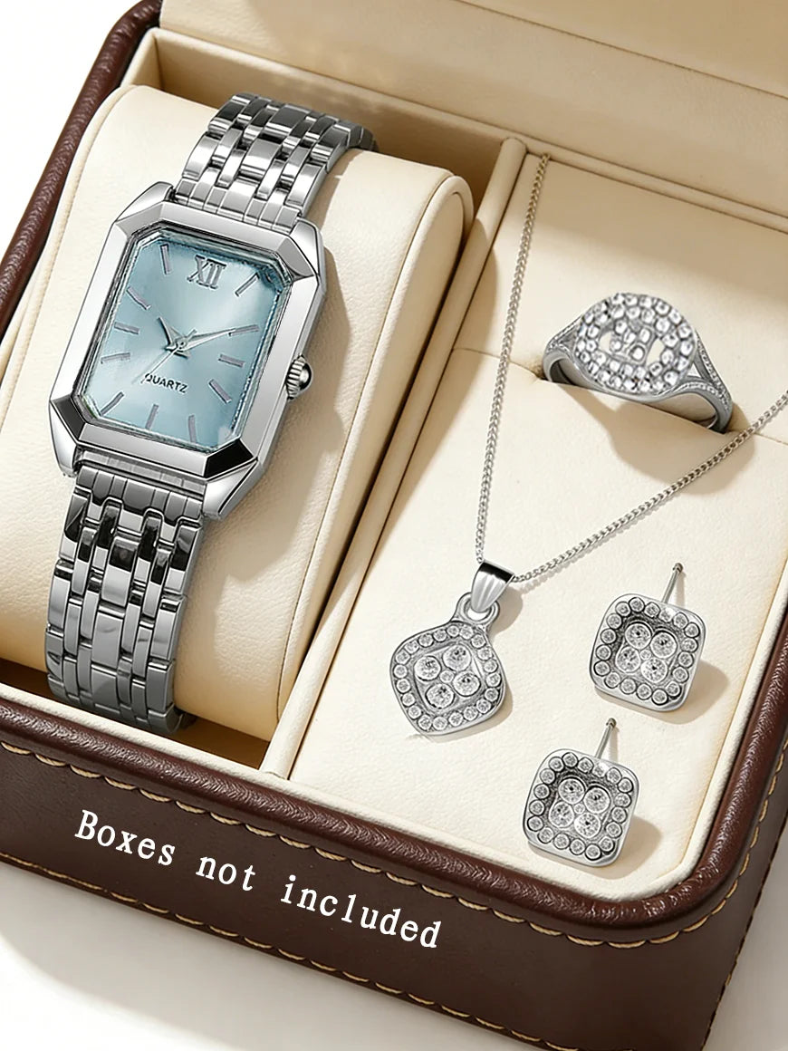 Casual Fashion Square Quartz Watch And Hollow Jewelry Set wi Steel Strap Birthday Gift No Box