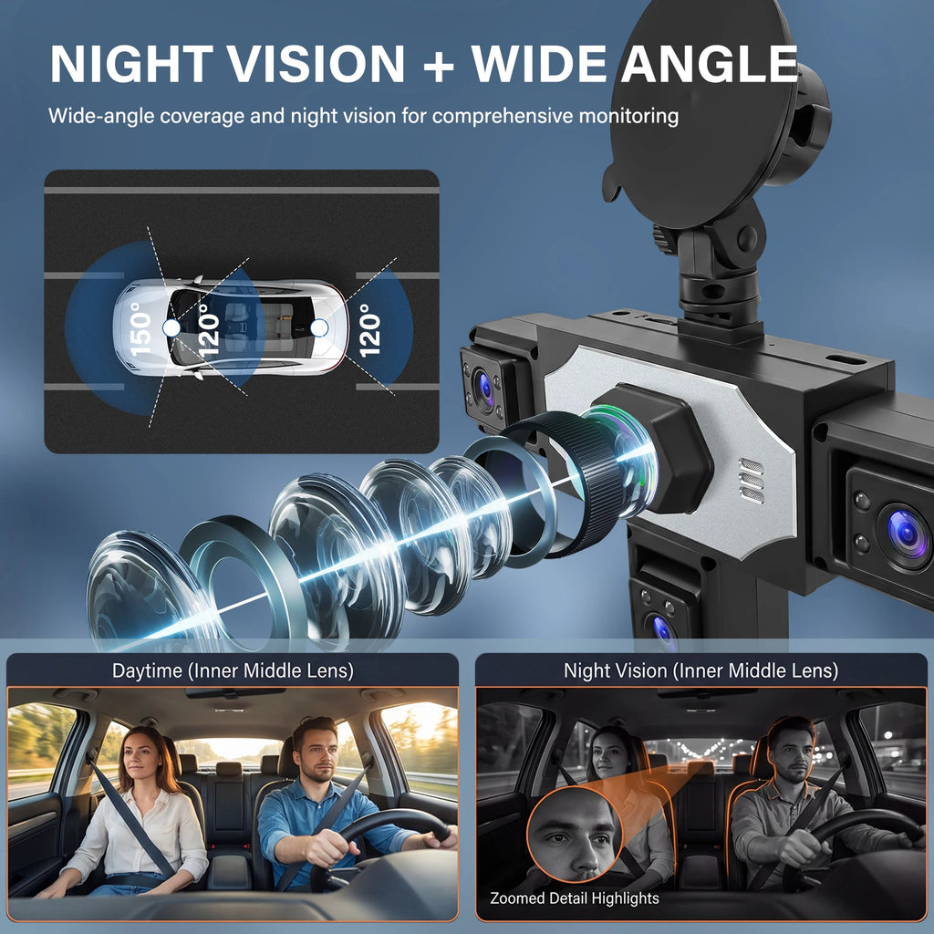 Podofo 1080P Car Video Recorder Black Box 5 Lens Car Dash Cam Hardwire Kit Car Accessories Including 480P Left Interior, Right Interior, And Rear View Cameras Driving Recorder