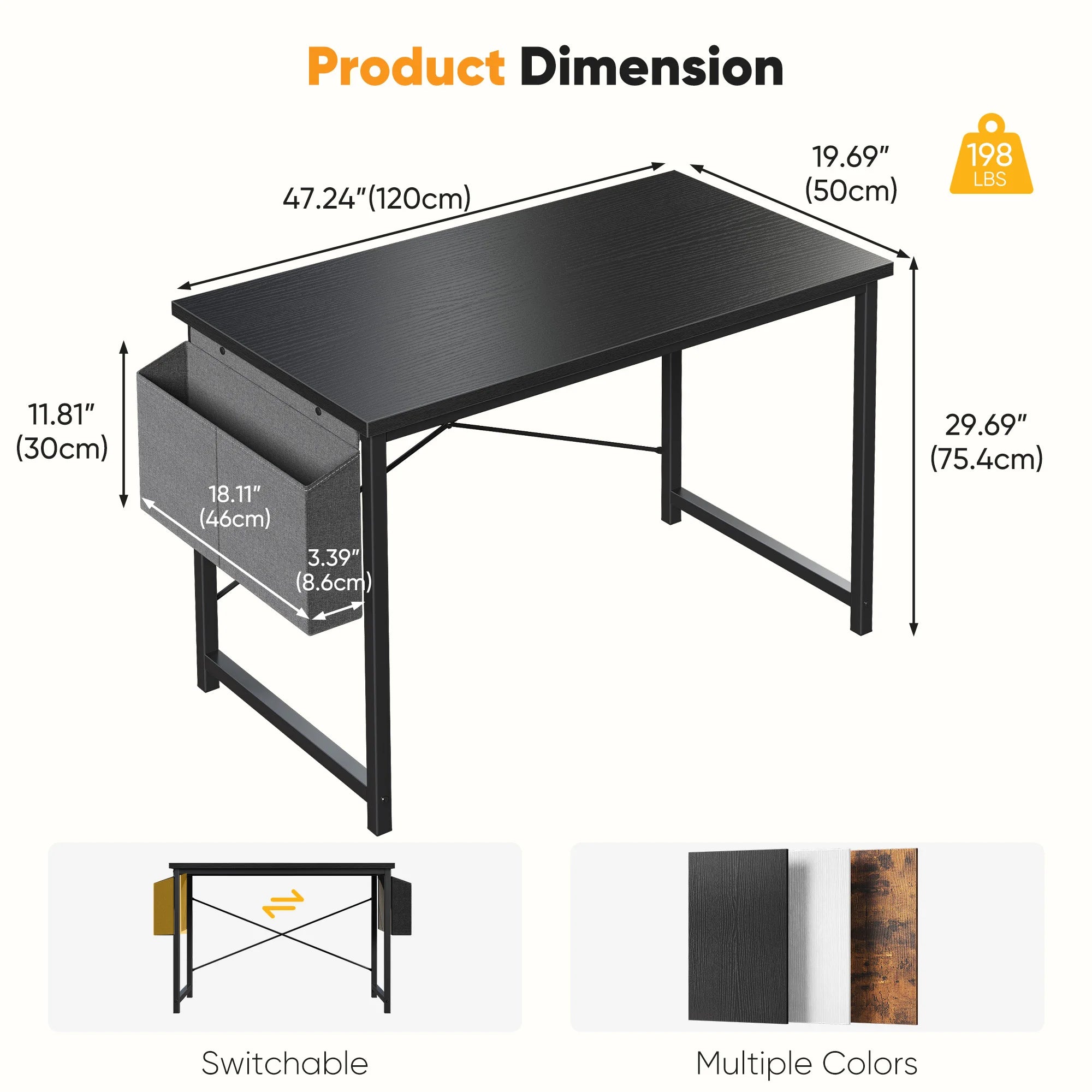JHK 31IN to 55IN Computer Office Desk Writing Study Office Gaming Table with Storage Bag Metal Frame Wood Tabletop Easy Assembly