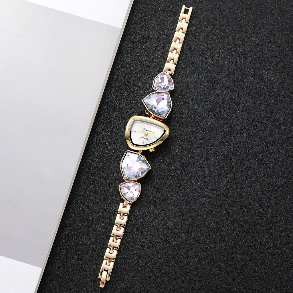 5PCS Elegant Women Watch Jewelry Set Fashion Diamond Bracelet Watch Pearl Necklace Earrings Ring Accessories Gifts（Without Box）