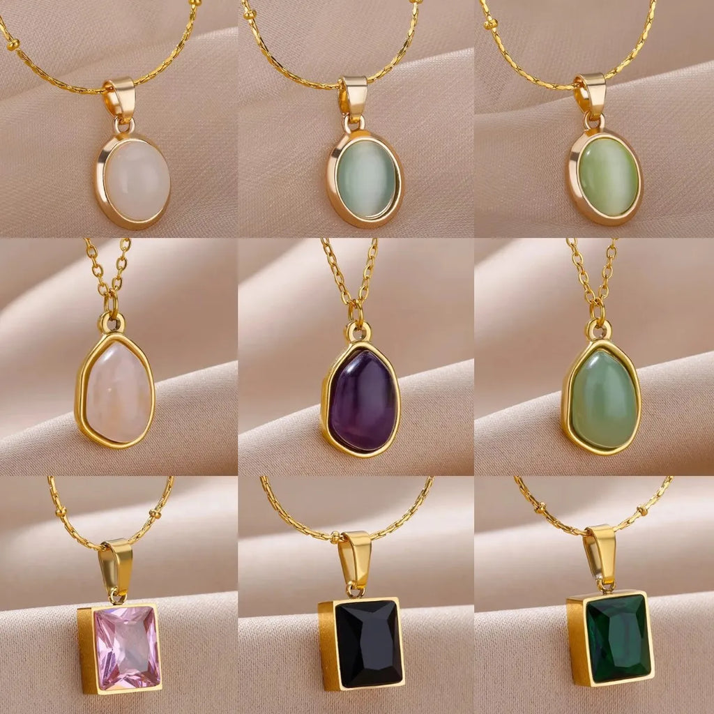 Trendy Oval Colorful Stone Necklace For Women Stainless Steel Gold Color Green Opal Stone Pendant Necklace Aesthetic Jewelry Gif