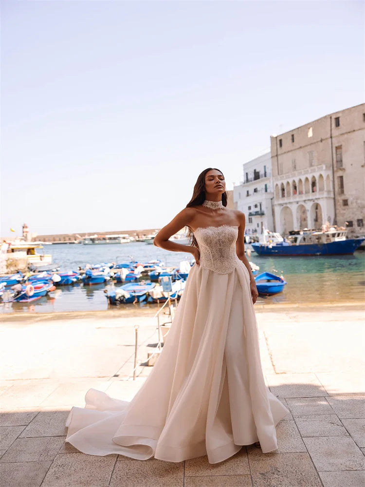 Customized Strapless Neckline Long Sleeves Satin Mermaid Wedding Dress Lace-up Back Floor Length Sweep Train Gown For Bride 2027