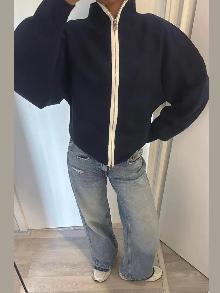 Zip Up Jacket Contrast White Zipper Long Sleeve Loose Cropped Bomber Coat 2026 winter Autumn Casual Streetwear Women  Outerwear