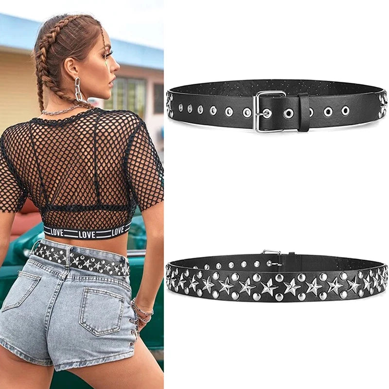 Z. Rivet Hollow Bullet Decoration Belt Fashion Leather Studded Goth Rock Wild Adjustable Women Punk Black Belt