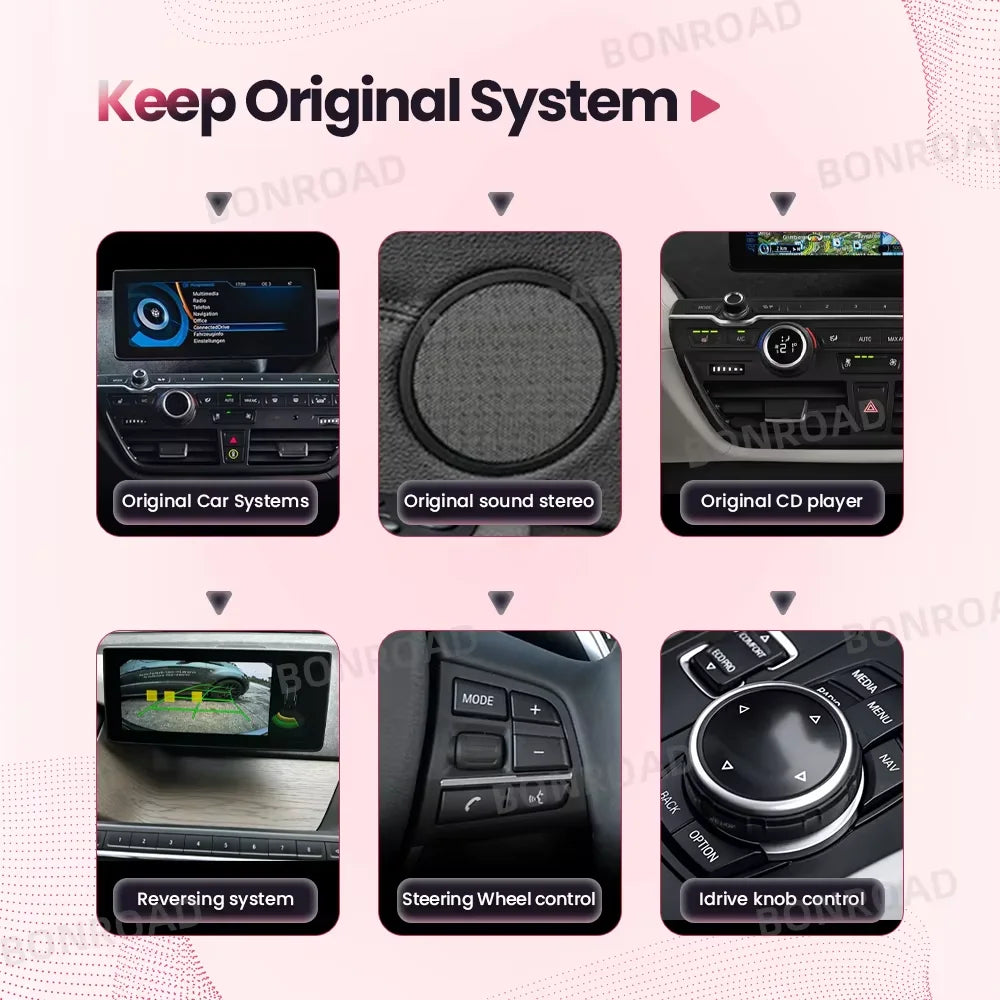 BONROAD Wireless CarPlay Android Auto Retrofit Interface Adapter Fit BMW i3 I01 NBT System Support Wireless AirPlay Mirror Link Bluetooth Handsfree Call Online GPS Navigation Decoder Box