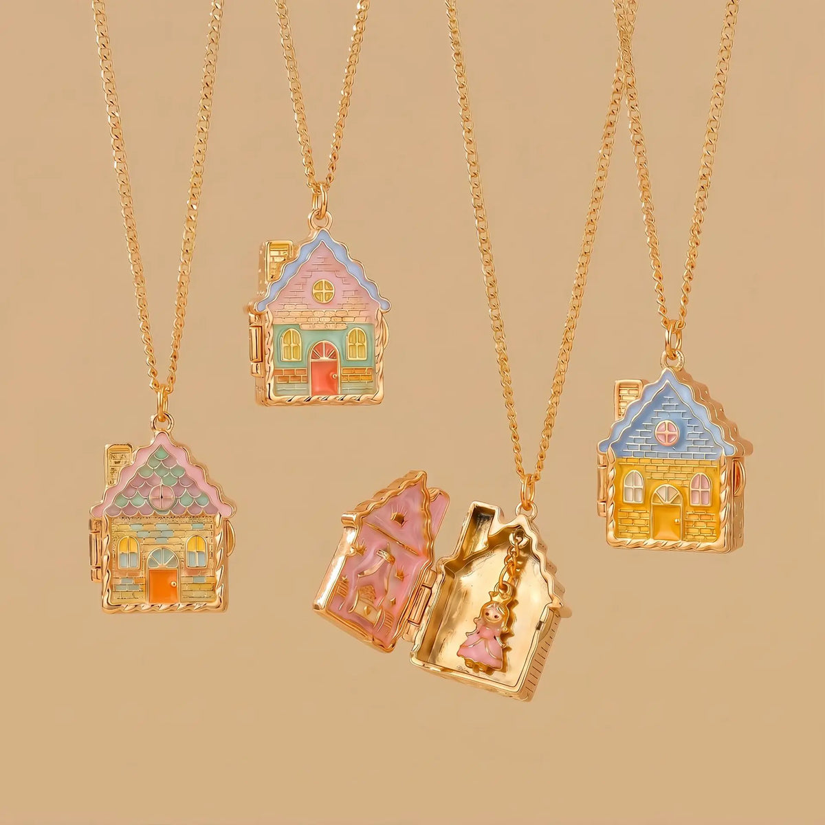 Fairy Tale Gingerbread House Necklace Open and Close Pendant Necklace Women Girls Enamel House Girl Necklace Jewelry Accessory