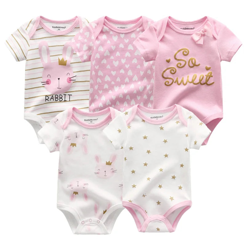 Newborn Bodysuits Unisex 5Pieces Baby Girl Clothes Solid Color Cotton Baby Boy Clothes Set Cartoon Print Summer Bebes