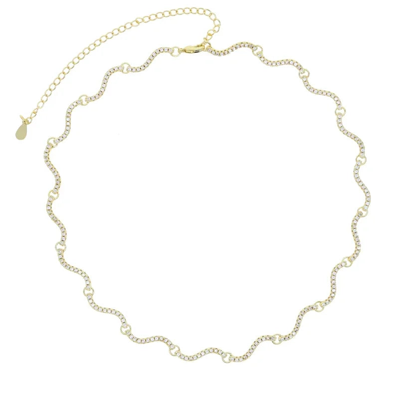 Micro Paved Sparking 5A CZ Fashion Women Choker Geometric Curved Bar Wave Charm Necklace