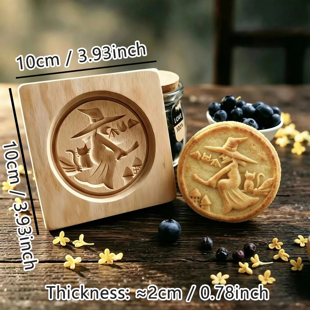Wooden Cookie Mold Press for Baking, 3D Carved Beechwood Gingerbread Stamp, Halloween Pumpkin Ghost Embossing Cookie Cutter Mold