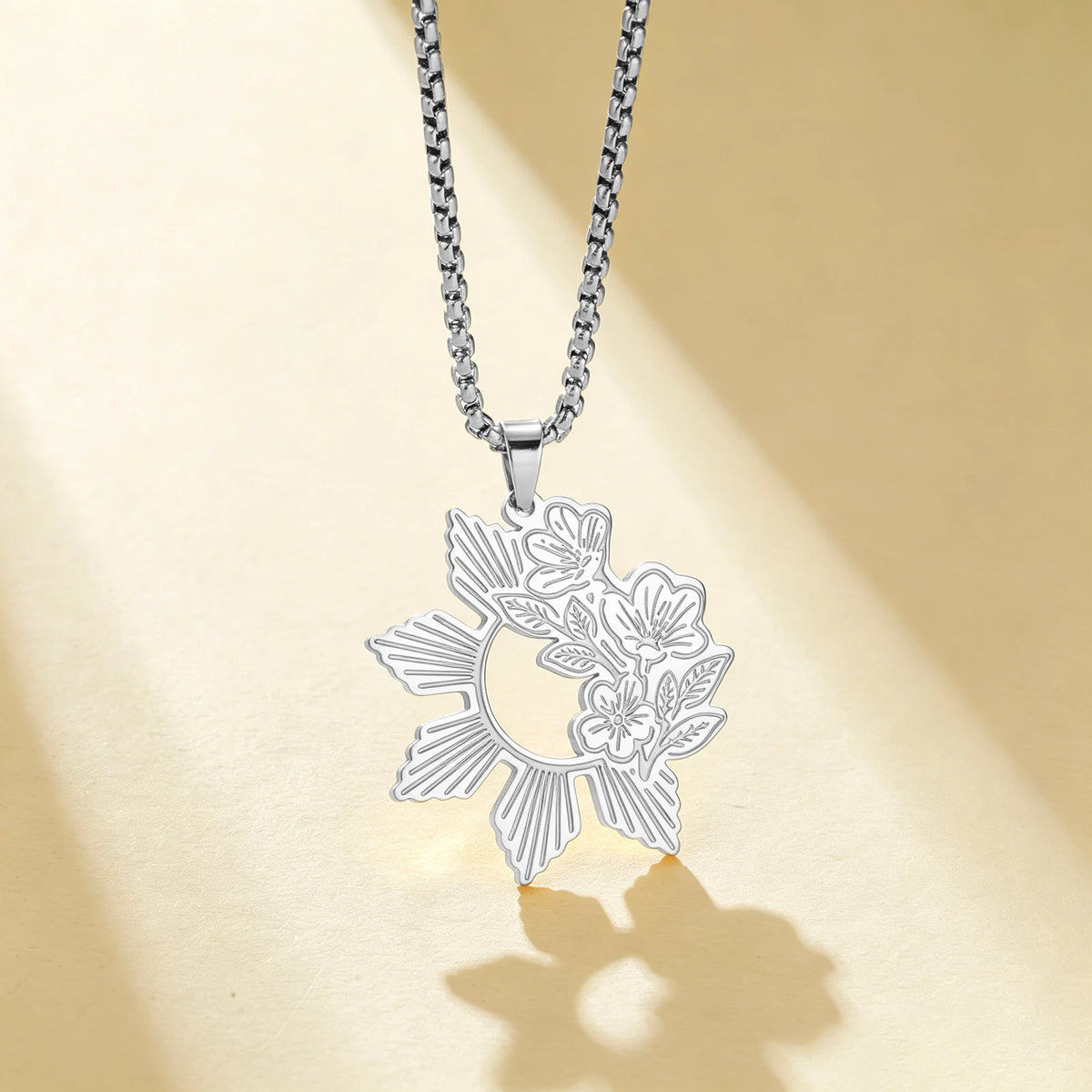 Unift Philippine Sun and Sampaguita Flower Necklace Stainless Steel Choker for Women Men National Symbol Sampaguita Jewelry Gift