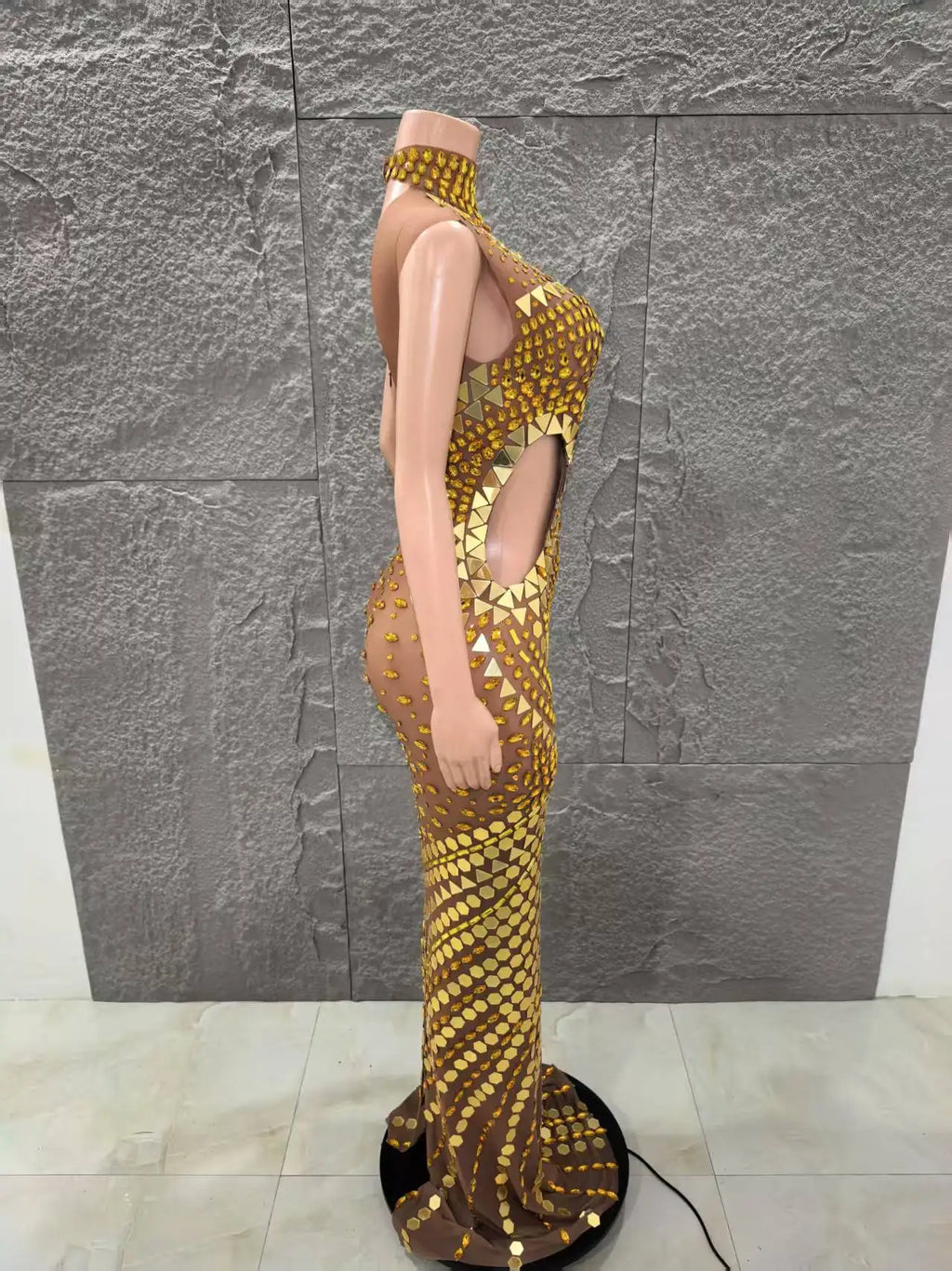 Shinning Golden Mirrors Women Sleeveless Sexy Hollow Out Waist Bodycon Long Dress Celebrate Birthday Performance Costume