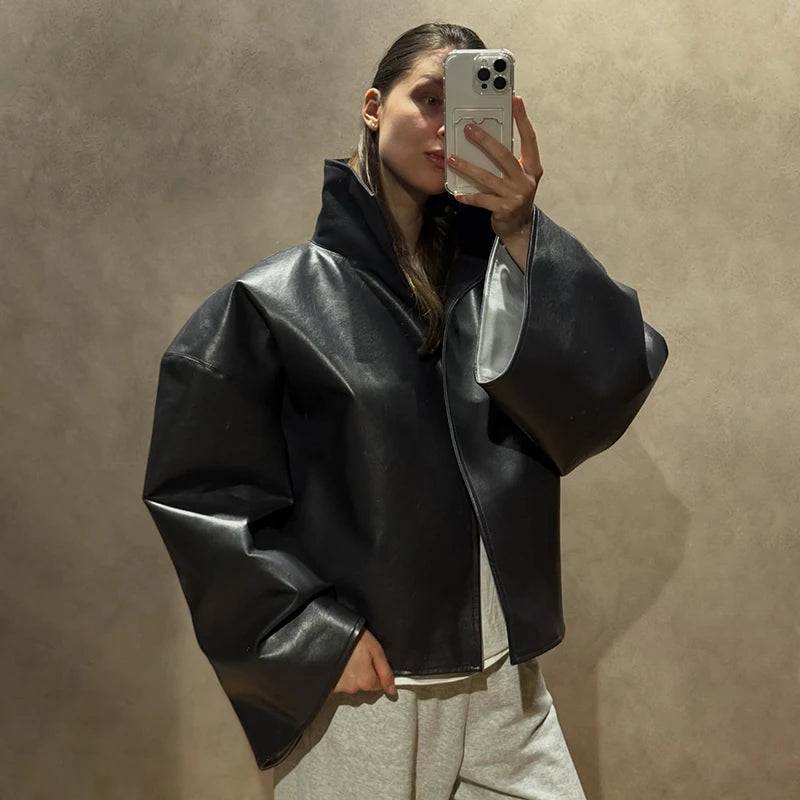 Loose Solid Women's Pu Leather Jacket Long Sleeve Stand Collar Lady Coats Crop Tops 2026  Autumn Fashion Female Street Outerwear