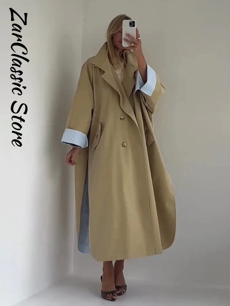 Elegant Khaki Women's Trench Coat Autumn High Neck Full Sleeve Loose Split Long Windbreaker Lady New Casual Chic Jacket 2026