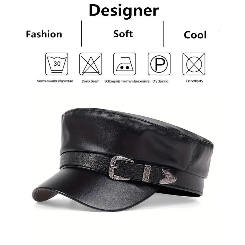 Women's Fashion Leather Beret with Large Belt Buckle – Spring/Autumn Flat Top Captain Military Cap, Unisex Sailor Hat